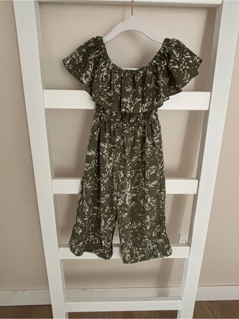 Girls Olive Green Floral Off-Shoulder Romper
